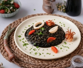 Итальянские приключения: ризотто с морепродуктами и чернилами каракатицы, баклажаны алла пирамиджано и тирамису  | 16+