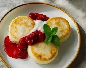 Домашние сырники с ягодным соусом