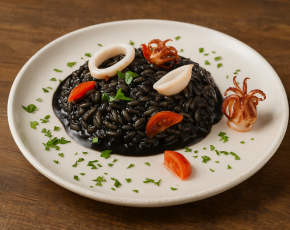 Ризотто с чернилами каракатицы и кальмаром